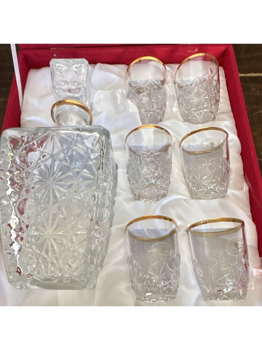 C.F. Design i Preziosi Crystal Decanter Set 6 Glasses Gold Rim Stopper Box-ITALY